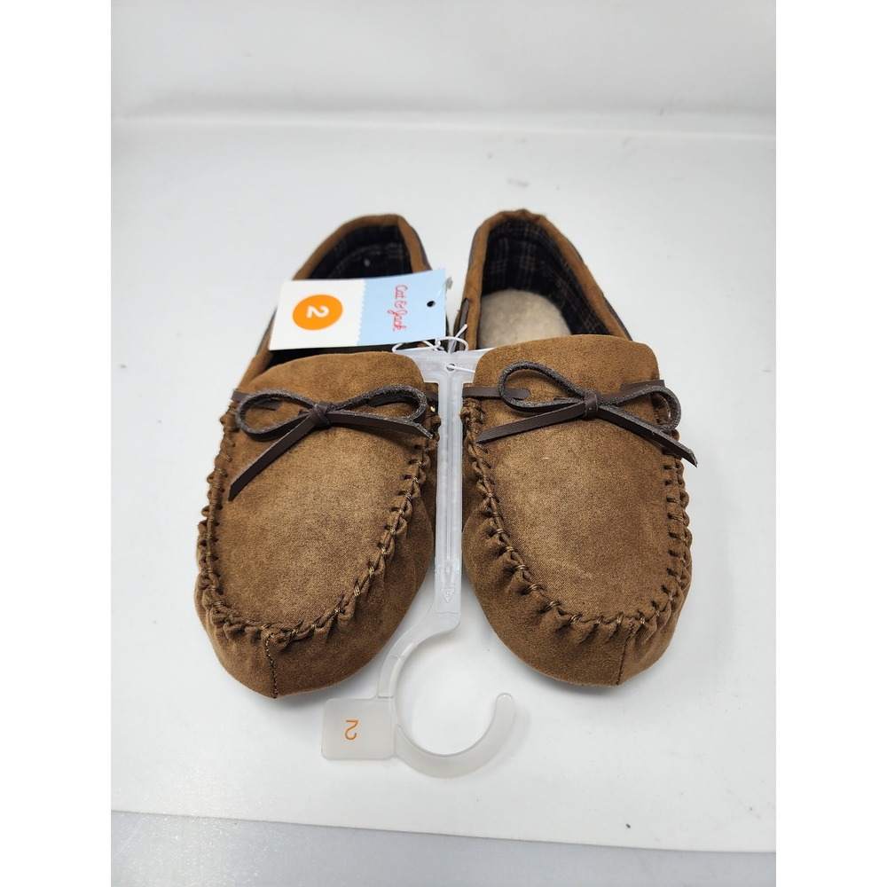 Cat & Jack Boys Faux Shearling Moccasin Slippers Brown Faux Suede Size 2